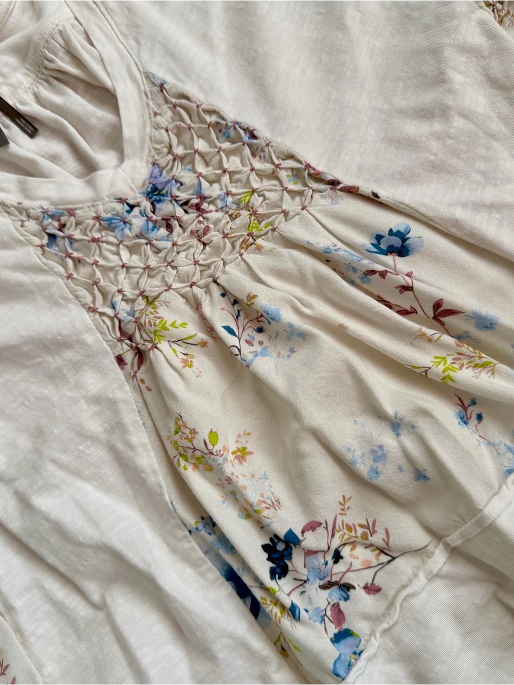 Anthropologie White Floral Smocked V-Neck Top - Picture 2 of 4